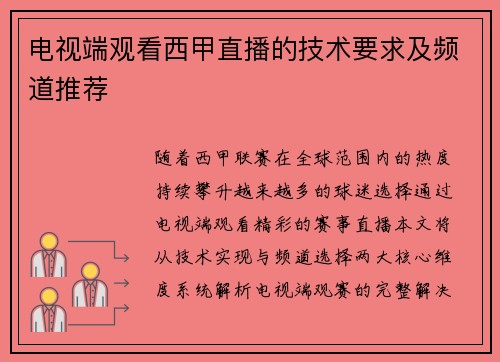 电视端观看西甲直播的技术要求及频道推荐